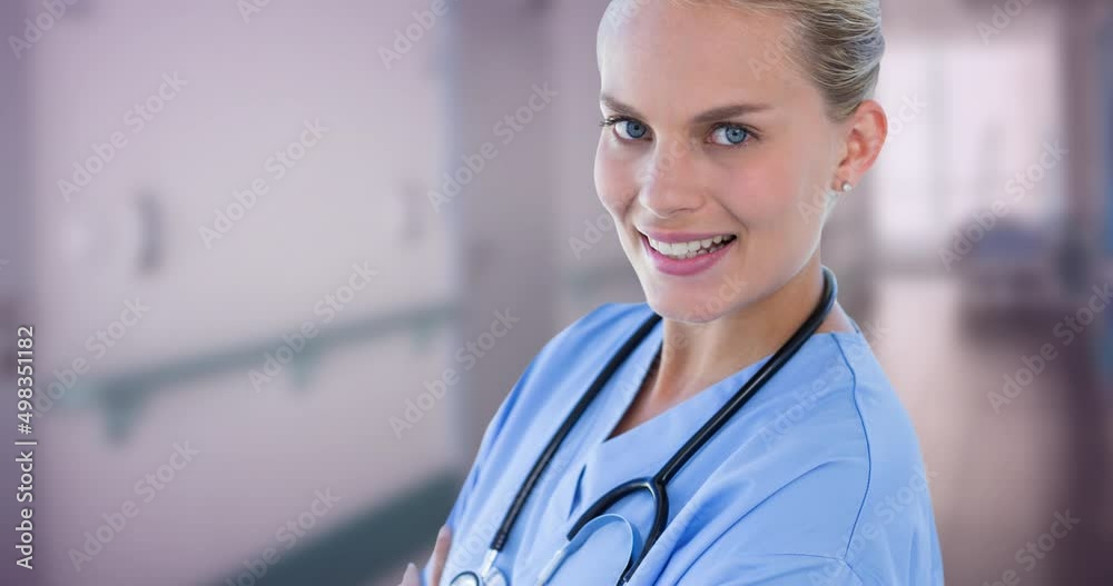 Animation of caucasian female nurse smiling over blue ribbon Animation of caucasian female nurse smiling over blue ribbon
