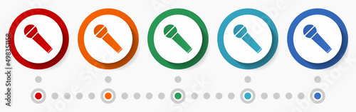 Microphone, concert concept vector icon set, infographic template, flat design colorful web buttons in 5 color options
