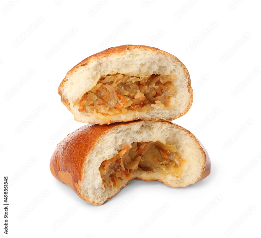 Delicious baked patty with cabbage on white background Delicious baked patty with cabbage on white background