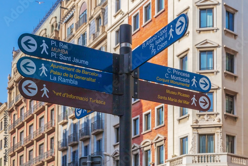 Street signs marking the direction to the famous sites to visit in Barcelona, Spain