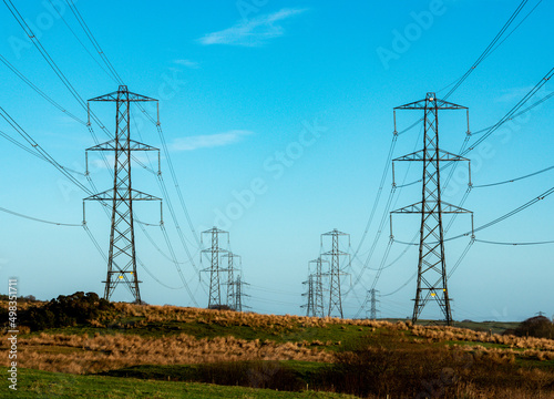 Pylons into the distance, Dalry, North Ayrshire, Scotland, UK B&W photo