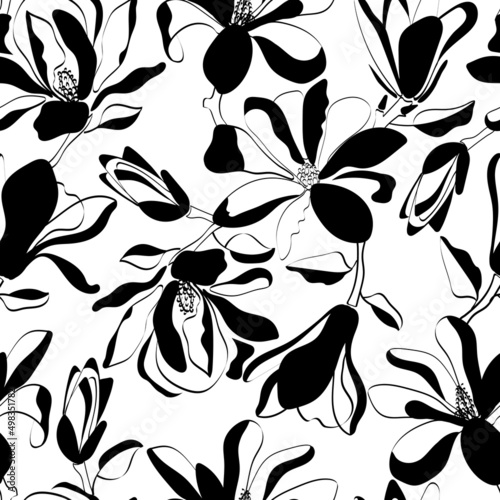 Vector seamless pattern with magnolies. Black and white illustration with magnolia flowers for fabric, background, print.