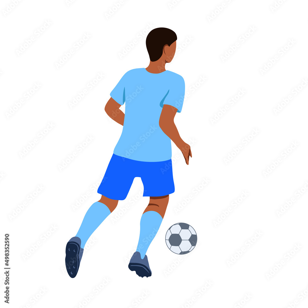 Color illustration of a soccer player with a ball. Soccer player in blue uniform running and kicking the ball, view from the back. Sports game, world cup. Isolated on white background. Vector graphics