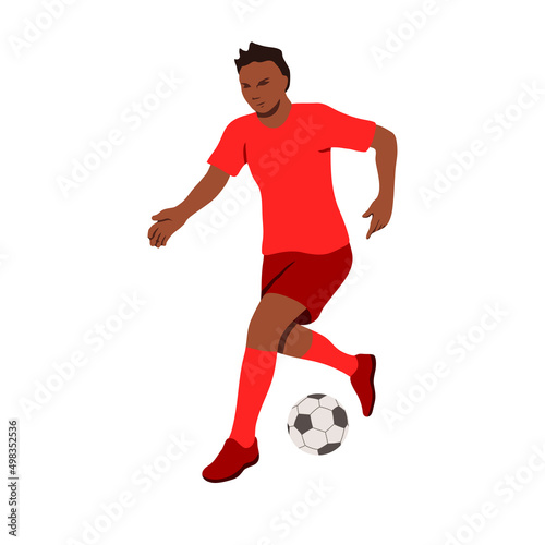 Color illustration of a soccer player with a ball. Soccer player in red uniforms running and kicking the ball. Sports game, world cup, fifa. Isolated on white background. Vector graphics