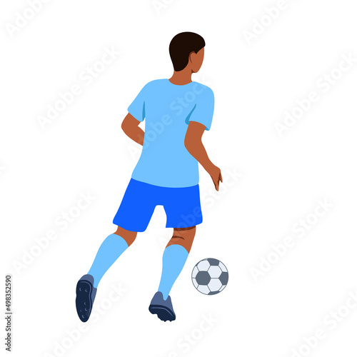 Color illustration of a soccer player with a ball. Soccer player in blue uniform running and kicking the ball, view from the back. Sports game, world cup. Isolated on white background. Vector graphics
