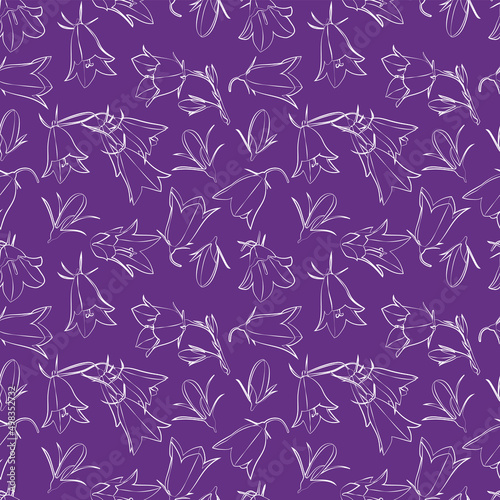 A set of seamless patterns of bellflowers  white contour on a color background  1000x1000 pixels  vector graphic.