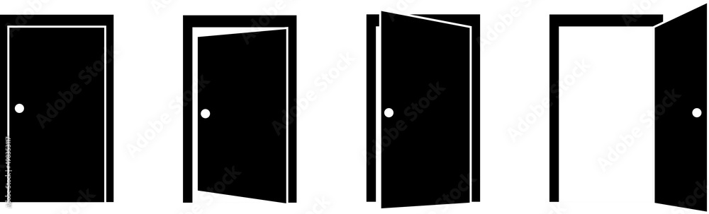 Door icons set. Open, close and ajar door. Doors collection. Opened entrance door set flat style Door icons set. Open, close and ajar door. Doors collection. Opened entrance door set flat style
