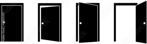 Door icons set. Open, close and ajar door. Doors collection. Opened entrance door set flat style 