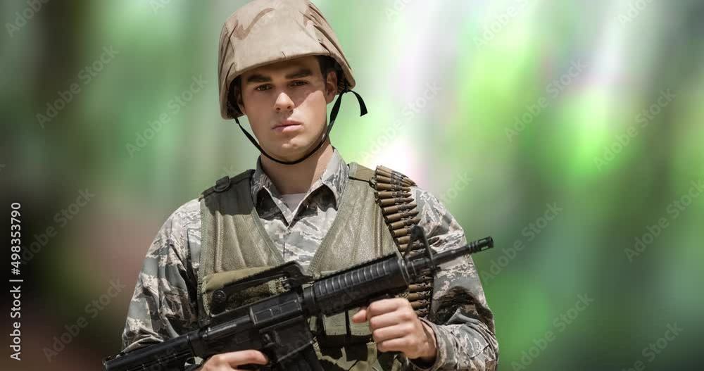 Animation of caucasian male soldier over blurred background Animation of caucasian male soldier over blurred background