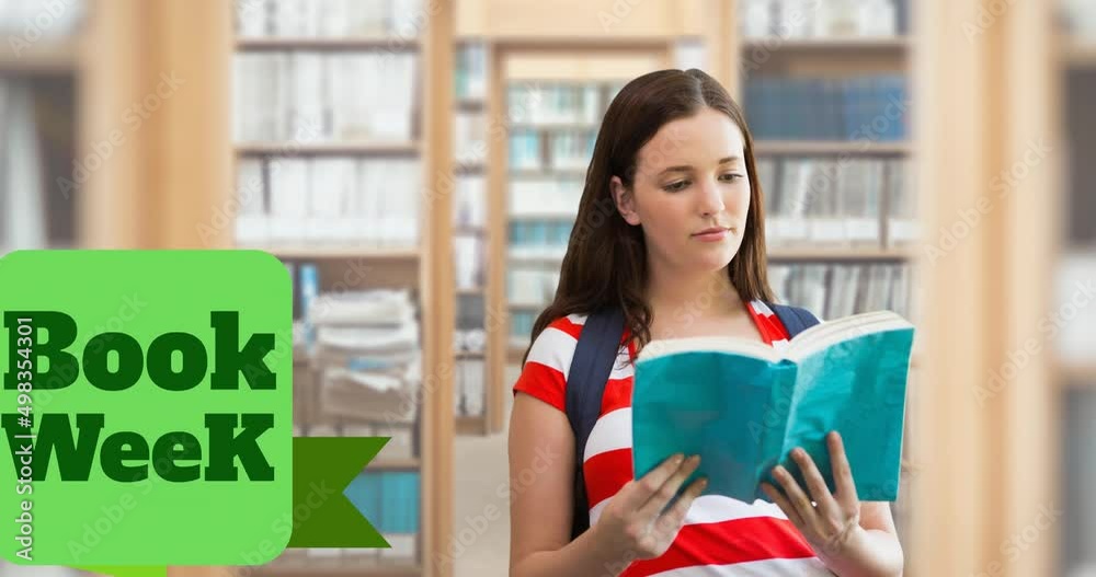 Animation of book week text over caucasian female student reading book in library Animation of book week text over caucasian female student reading book in library
