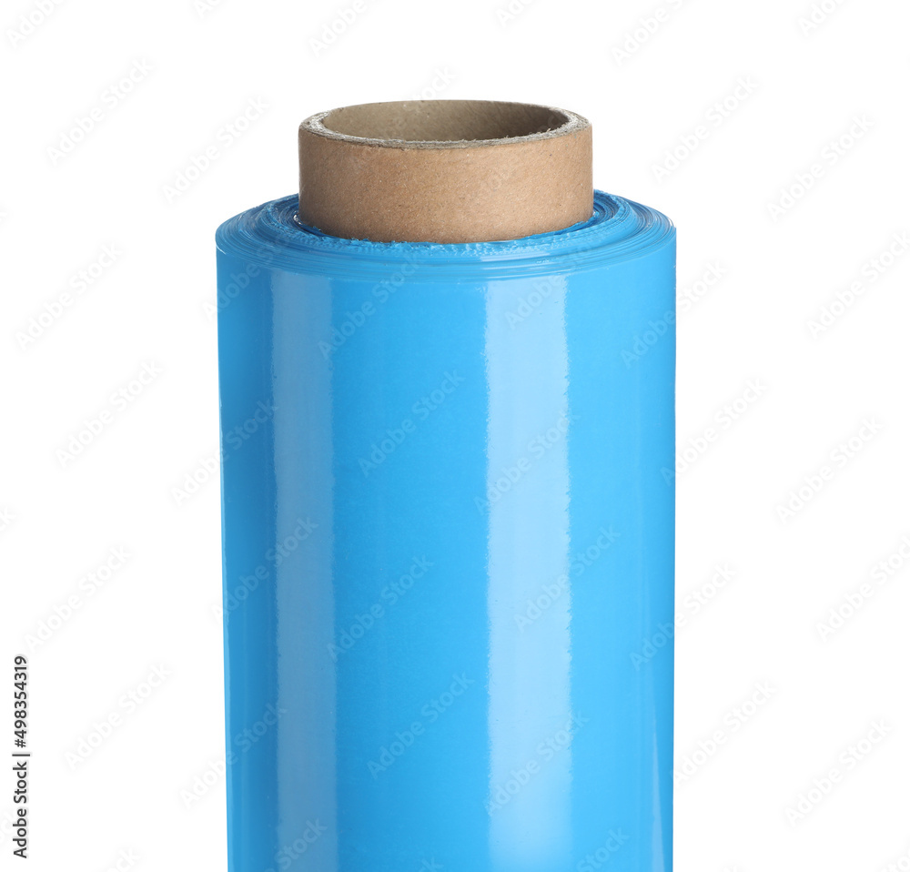 Roll of light blue stretch wrap isolated on white, closeup Roll of light blue stretch wrap isolated on white, closeup