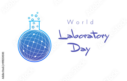 World Laboratory Day congrats. International Lab Day April 23 24 greetins. Medical flask with globe inside, creative logo concept. Isolated abstract graphic design template. Internet poster or banner. photo