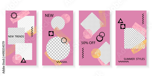 Set of trendy templates for social media design. Vector background for social networks. Modern minimal design in pink, yellow and black with grunge texture, geometric elements and place for photos.