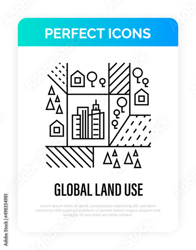Global land use thin line icon. Deforestation, agriculture, industrial damage, livestock, overpopulated cities. Vector illustration.