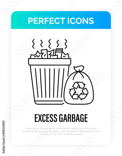 Overloaded trashcan with sign recycle thin line icon. Excess garbage, overconsumption. Vector illustration.