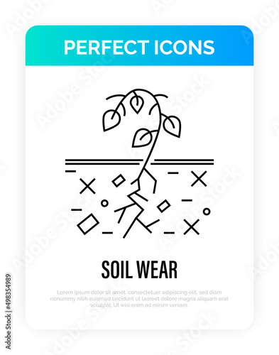 Soil wear thin line icon. Plant cannot grow in depleted soil. Soil erosion by industrial damage. Ecological problem. Overconsumption. Vector illustration.