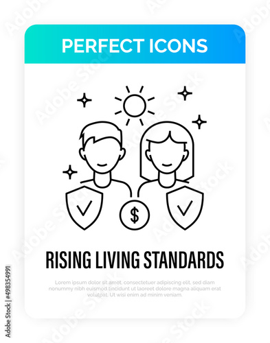 Quality of life. Rising living standards thin line icon. Rising of income. People are protected by shield. Overconsumption problem. Vector illustration.