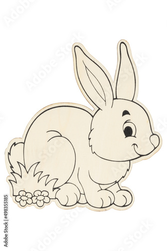 Wood happy Easter bunny with spring flowers isolated on white