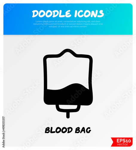 Blood bag with plasma. Doodle thin line icon. Blood donation. Blood type. Vector illustration.