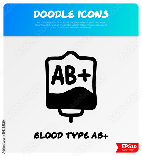 Blood bag with plasma. Doodle thin line icon. Blood donation. Blood type AB+. Vector illustration.