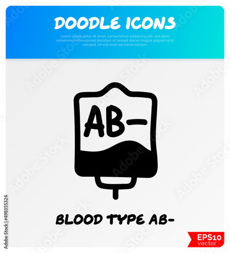 Blood bag with plasma. Doodle thin line icon. Blood donation. Blood type AB-. Vector illustration.