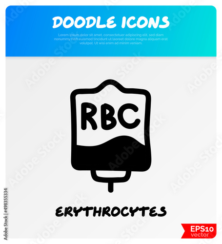 Blood bag with plasma. Doodle thin line icon. Blood donation. Blood type. Vector illustration.