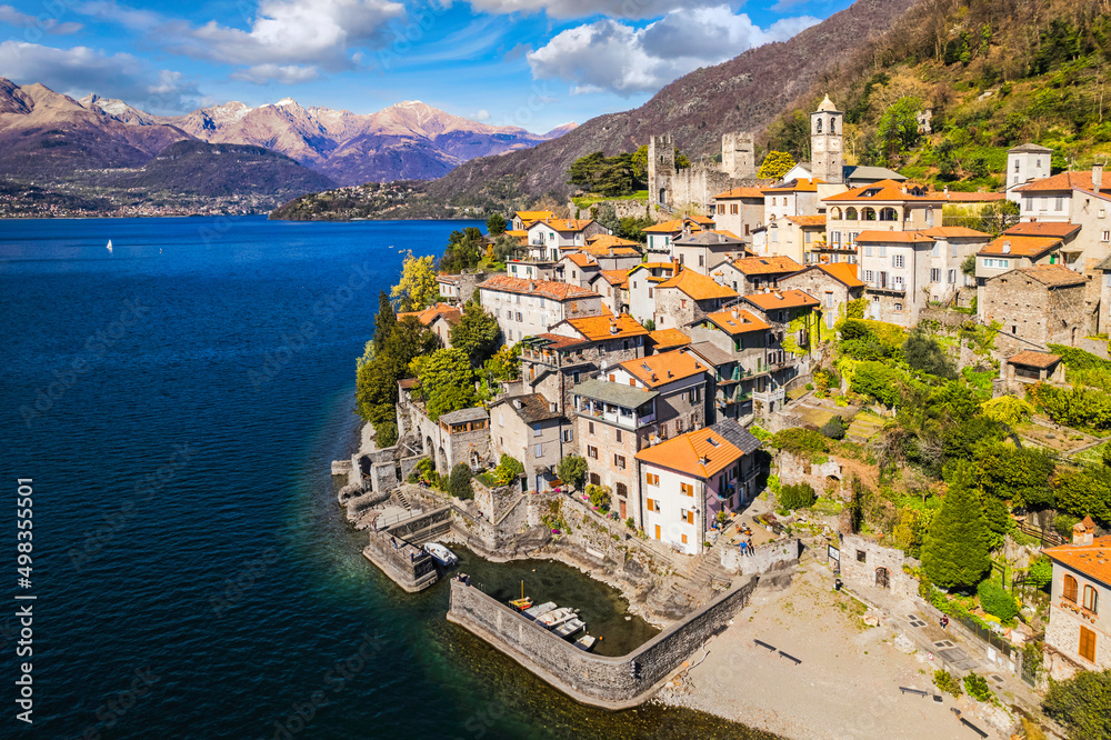 Aerial view of the village Corenno Plinio, Lake Como, Italy