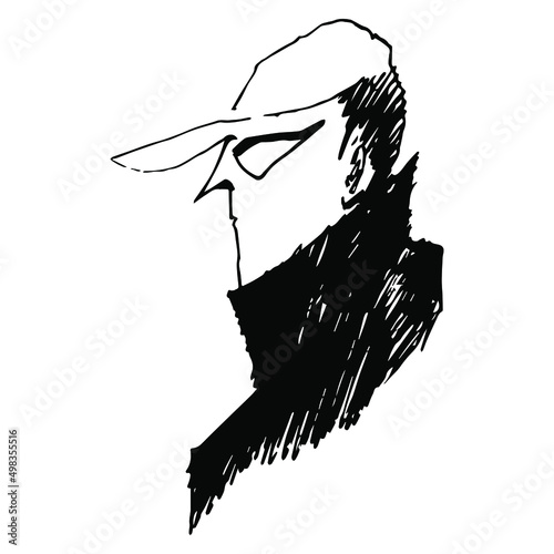 Portrait of a funny man wearing a cap. Black silhouette on white background. White silhouette on black background.