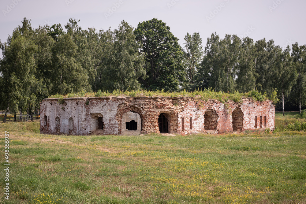Ruins of defensive fortifications. Red brick bastion of the Bobruisk fortress.