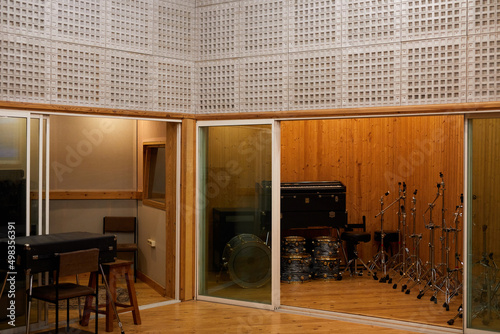 Konstfotografi Background image of empty recording studio interior with musical instruments in