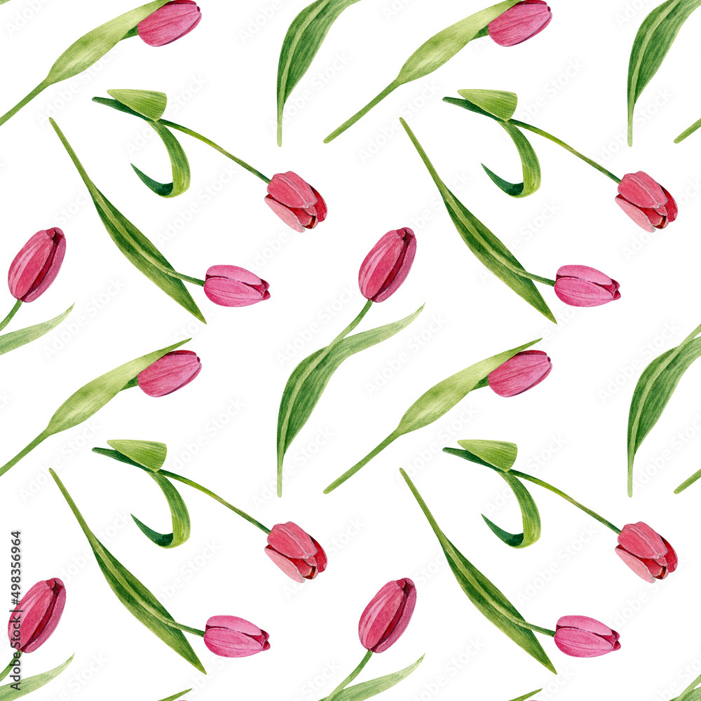 Dynamic watercolor pattern with tulip flowers. Flowers on a stem. Seamless texture on a white background. Dynamic watercolor pattern with tulip flowers. Flowers on a stem. Seamless texture on a white background.