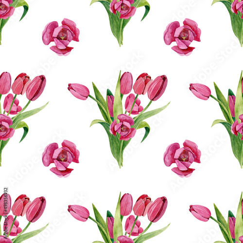 Watercolor pattern with a bouquet of tulips. Flowers on a stalk. Seamless texture on a white background.