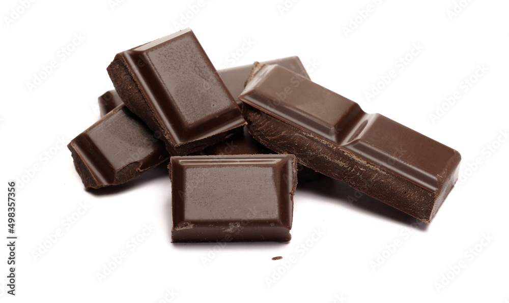 Dark chocolate with cocoa bars, pieces isolated on white Dark chocolate with cocoa bars, pieces isolated on white