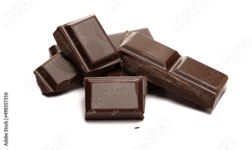 Dark chocolate with cocoa bars, pieces isolated on white  