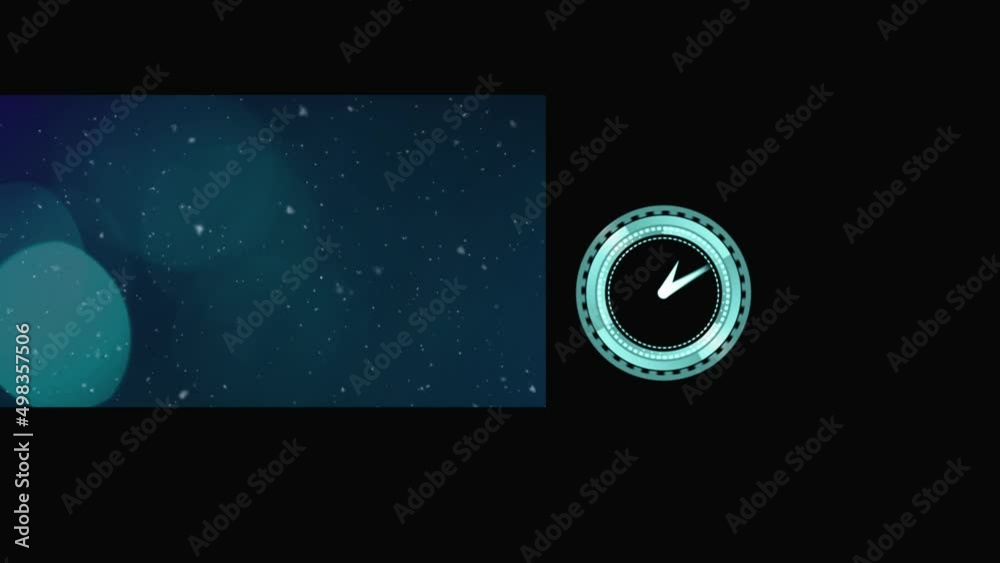 Animation of moving clock, blue circles and dust over black background Animation of moving clock, blue circles and dust over black background