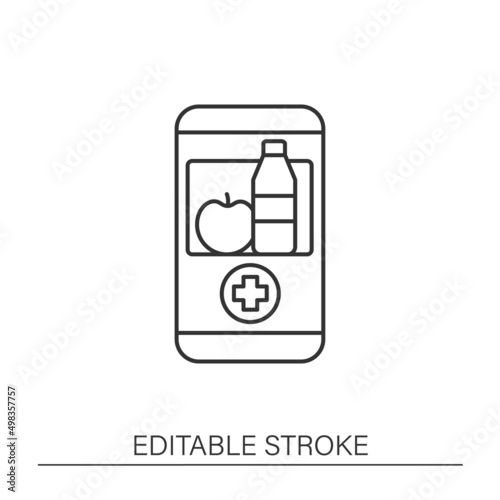  Diet application line icon. Nutrition therapy online. Tele diet website, application. Nutritionist virtual consultation. Telehealth concept. Isolated vector illustration. Editable stroke