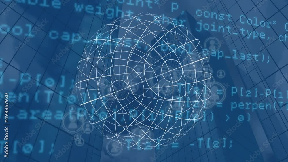 Animation of rotating sphere and data processing over blue background with skyscrapers Animation of rotating sphere and data processing over blue background with skyscrapers