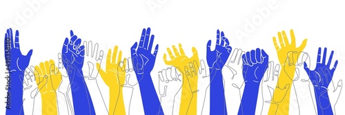 Banner with human hands close up. Drawing in yellow and blue colors of the Ukrainian flag. Support Ukraine. Pray for Peace.