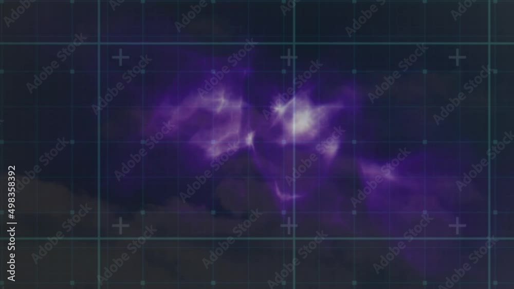 Animation of glowing purple shape over grid and squares Animation of glowing purple shape over grid and squares