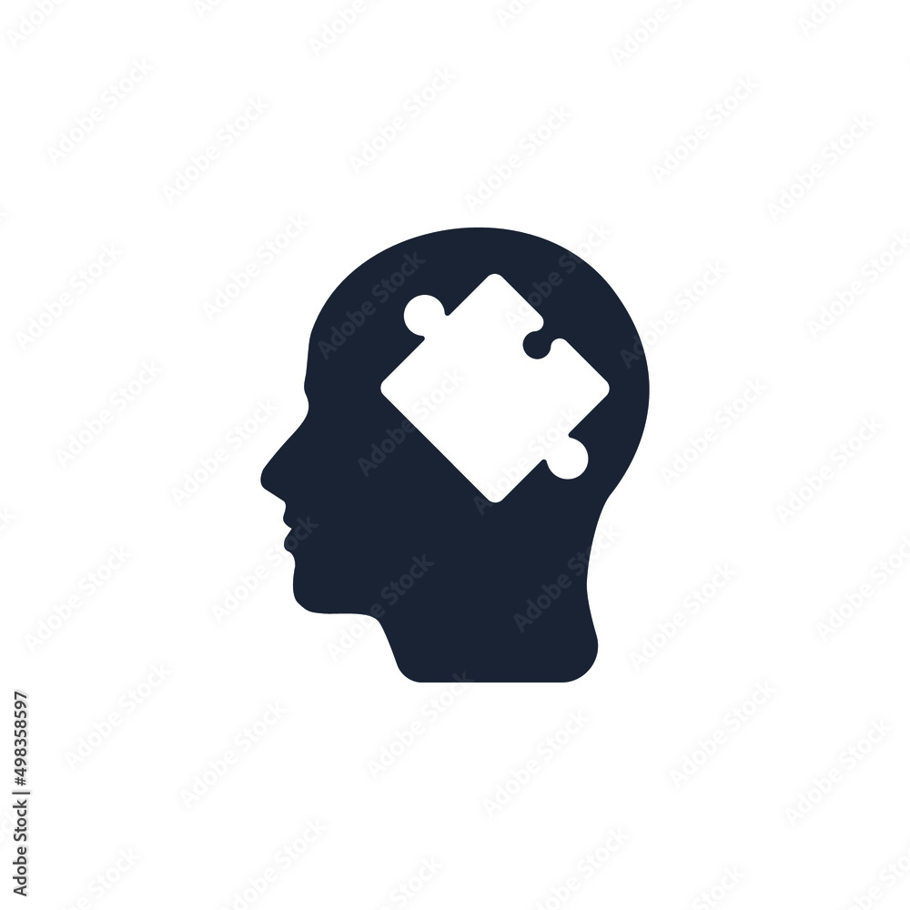 Head profile with puzzle piece. User. Personality. Memory. Jigsaw. Icon. Symbol. Sign. Idea. Mind. Vector.