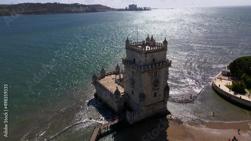 Aerial view of Belem Tower in Portuguese Torre de Belem or the Tower of Saint Vincent in Lisbon, Portugal photo