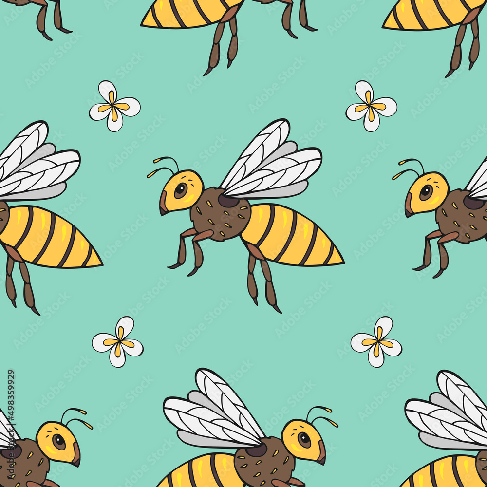 Seamless vector pattern with bees and flowers. Decoration print for wrapping, wallpaper, fabric, textile. 