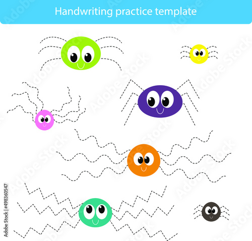 Worksheet for practicing fine kids motor skills. Handwriting practice template. Game for kids. Сute spiders