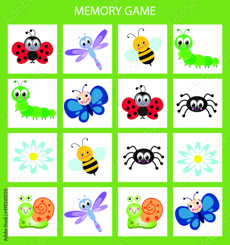 Memory game for kids. Bee, butterfly, ladybug, caterpillar, dragonfly, spider, daisy isolated on a white background. Smiling characters for children's design.