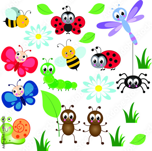 A large set with cute insects. Colorful vector illustration in a flat style. Bee  butterfly  ladybug  caterpillar  dragonfly  spider  daisy. Smiling characters for children s design.