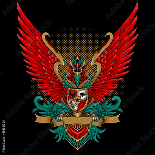 Garuda indonesia gripping ribbon engraving style vector illustration