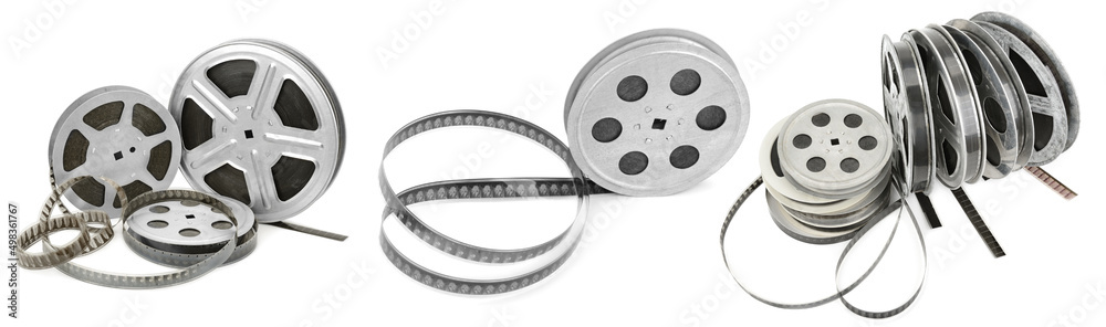 Obraz premium Collections old film strip in metal bobbins isolated on white