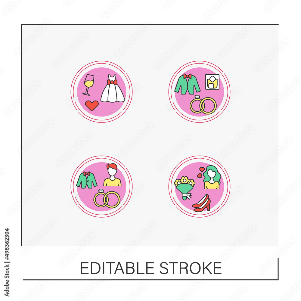 Fototapeta Wedding concept icons set. Happy moments. Wedding ceremony and celebration for couple and guests. Party. Vector isolated conception metaphor illustrations