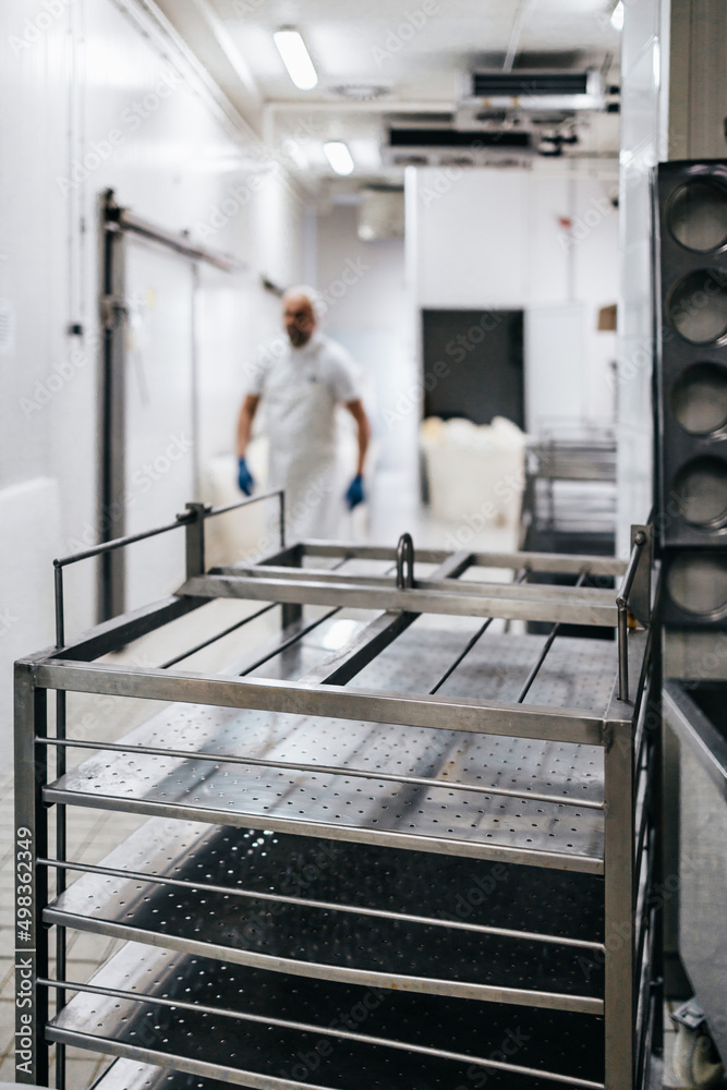 Manual worker in cheese and milk dairy production factory. Traditional European handmade healthy food manufacturing. Focus on foreground.