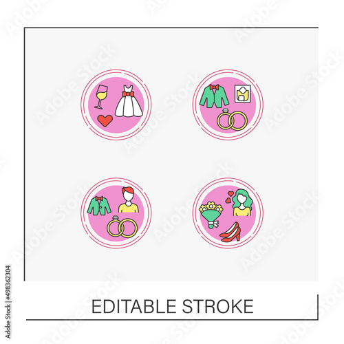Wedding concept icons set. Happy moments. Wedding ceremony and celebration for couple and guests. Party. Vector isolated conception metaphor illustrations